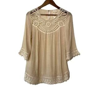 Adiva Shirt Women's Small Crochet Cottagecore Pullover Top Flowy Cream